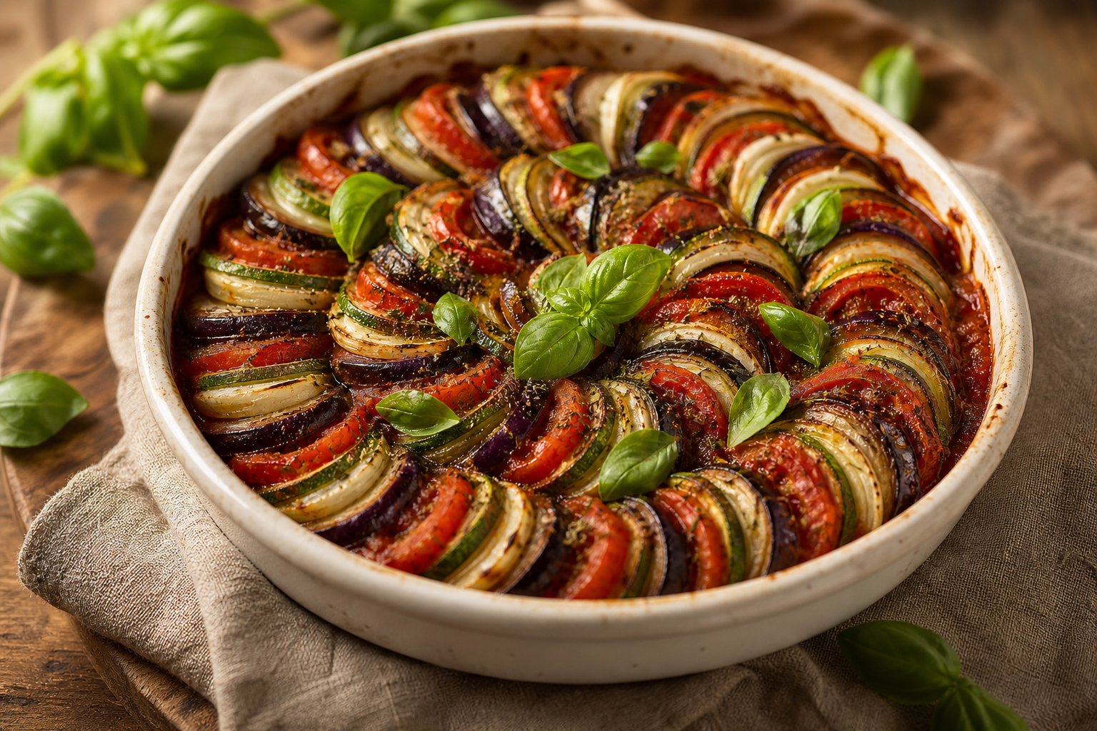 Ratatouille au four avec tomates, courgettes, aubergines et oignons en spirale, dans un plat à gratin blanc, sur fond de