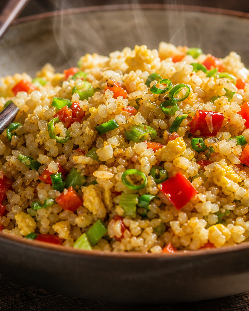 Bol de riz de chou-fleur sauté aux légumes et œufs, avec oignons verts et huile de sésame, sur fond en bois.