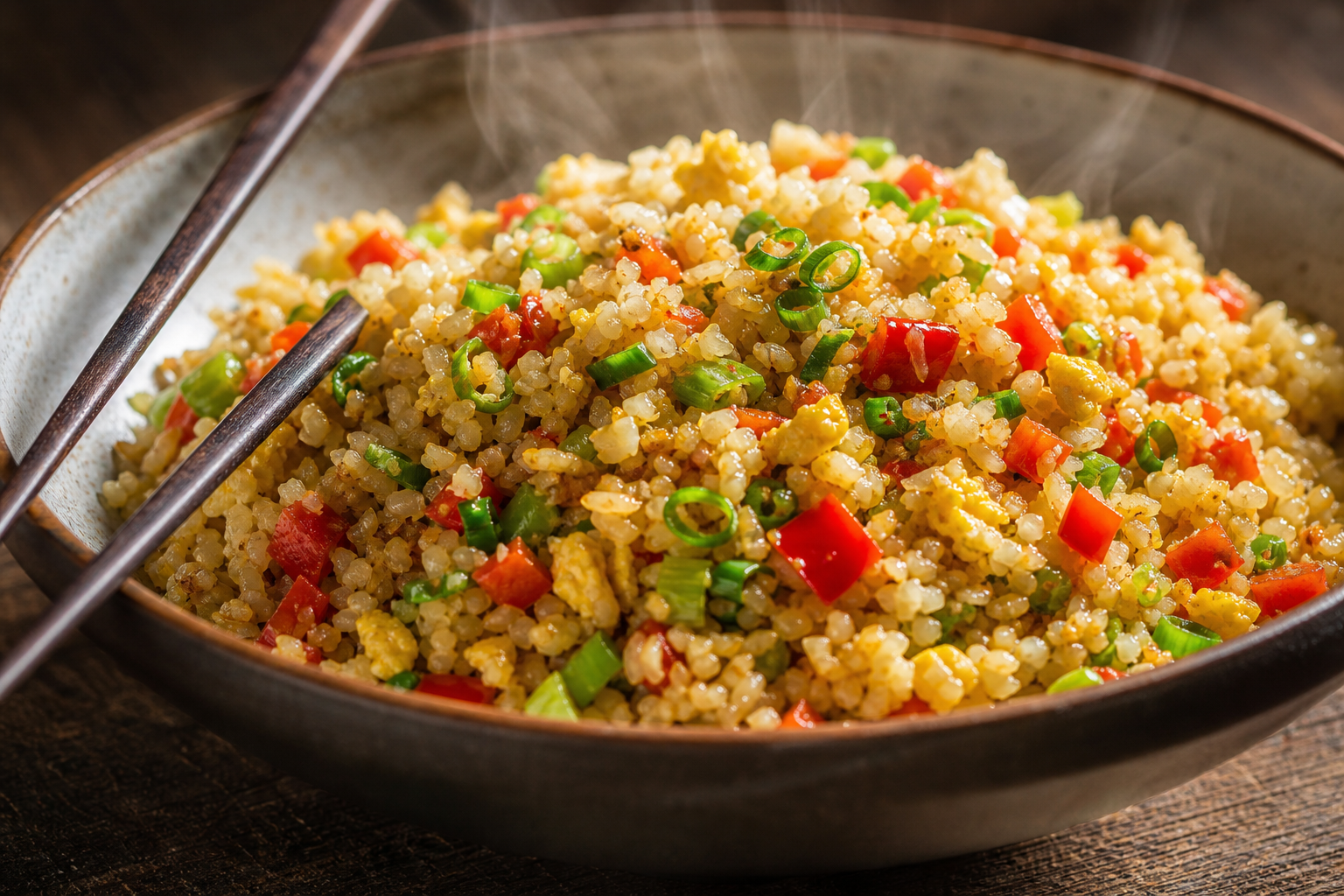 Bol de riz de chou-fleur sauté aux légumes et œufs, avec oignons verts et huile de sésame, sur fond en bois.