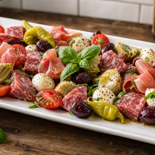 Salade antipasto keto avec salami, mozzarella, prosciutto, tomates cerises, pepperoncini, artichauts et olives Kalamata,