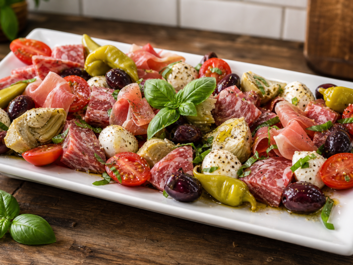 Salade antipasto keto avec salami, mozzarella, prosciutto, tomates cerises, pepperoncini, artichauts et olives Kalamata,