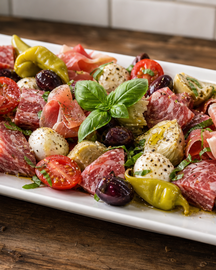 Salade antipasto keto avec salami, mozzarella, prosciutto, tomates cerises, pepperoncini, artichauts et olives Kalamata,