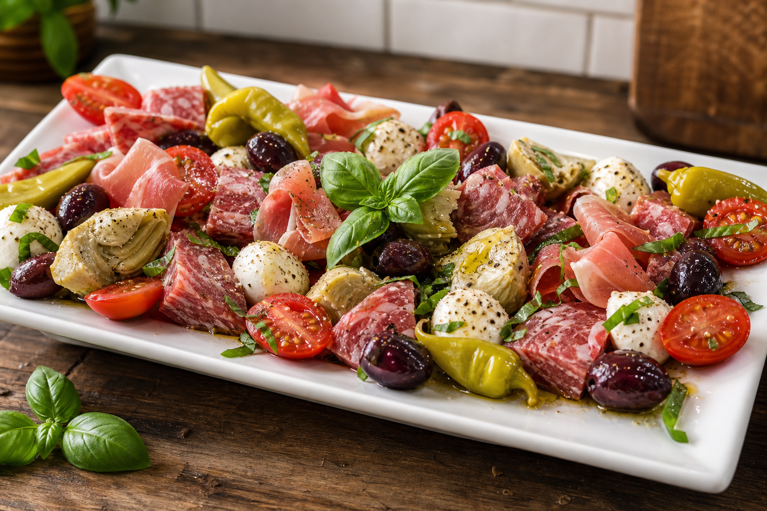 Salade antipasto keto avec salami, mozzarella, prosciutto, tomates cerises, pepperoncini, artichauts et olives Kalamata,