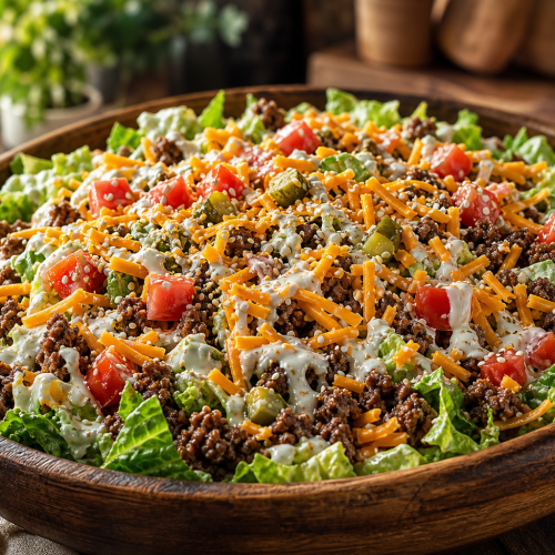 Salade Big Mac cétogène dans un bol en bois avec bœuf haché, laitue, cheddar, tomates et cornichons, nappée de sauce