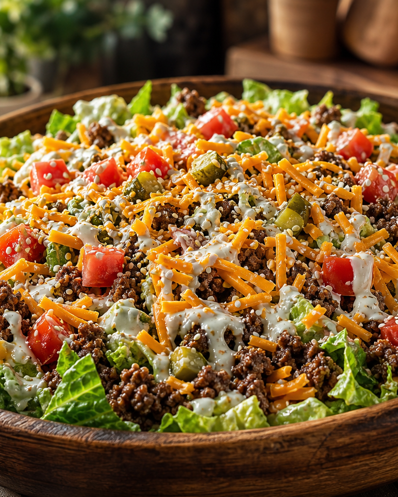 Salade Big Mac cétogène dans un bol en bois avec bœuf haché, laitue, cheddar, tomates et cornichons, nappée de sauce