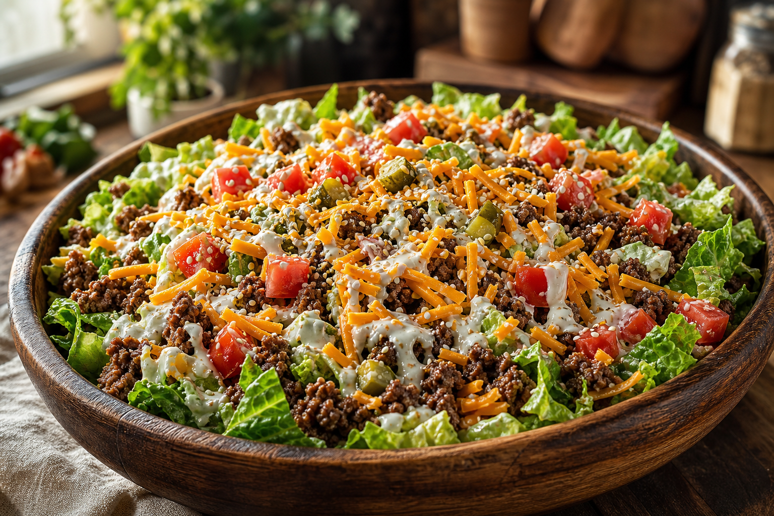 Salade Big Mac cétogène dans un bol en bois avec bœuf haché, laitue, cheddar, tomates et cornichons, nappée de sauce