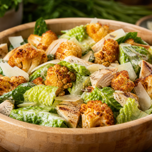 Salade César keto dans un saladier en bois, avec dés de chou-fleur frits croustillants, copeaux de parmesan et poulet grillé.