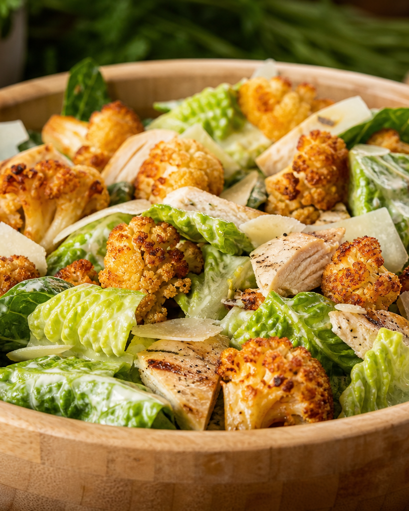 Salade César keto dans un saladier en bois, avec dés de chou-fleur frits croustillants, copeaux de parmesan et poulet grillé.
