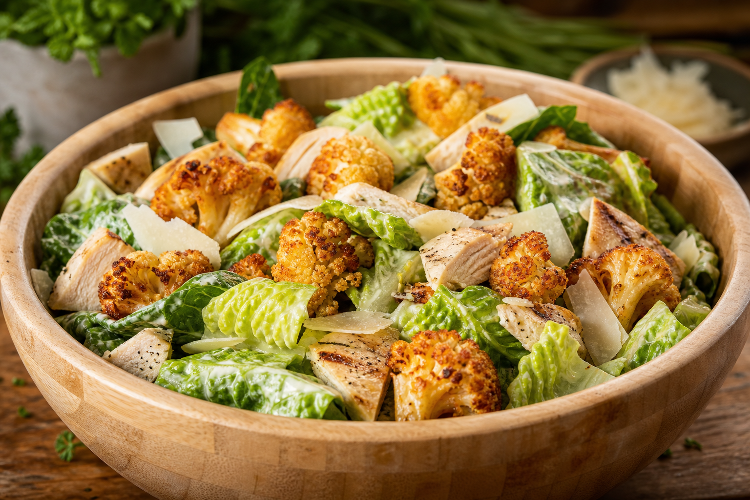 Salade César keto dans un saladier en bois, avec dés de chou-fleur frits croustillants, copeaux de parmesan et poulet grillé.
