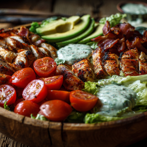 Salade chicken BLT, salade kéto au poulet grillé, avocat, tomates cerises et bacon croustillant