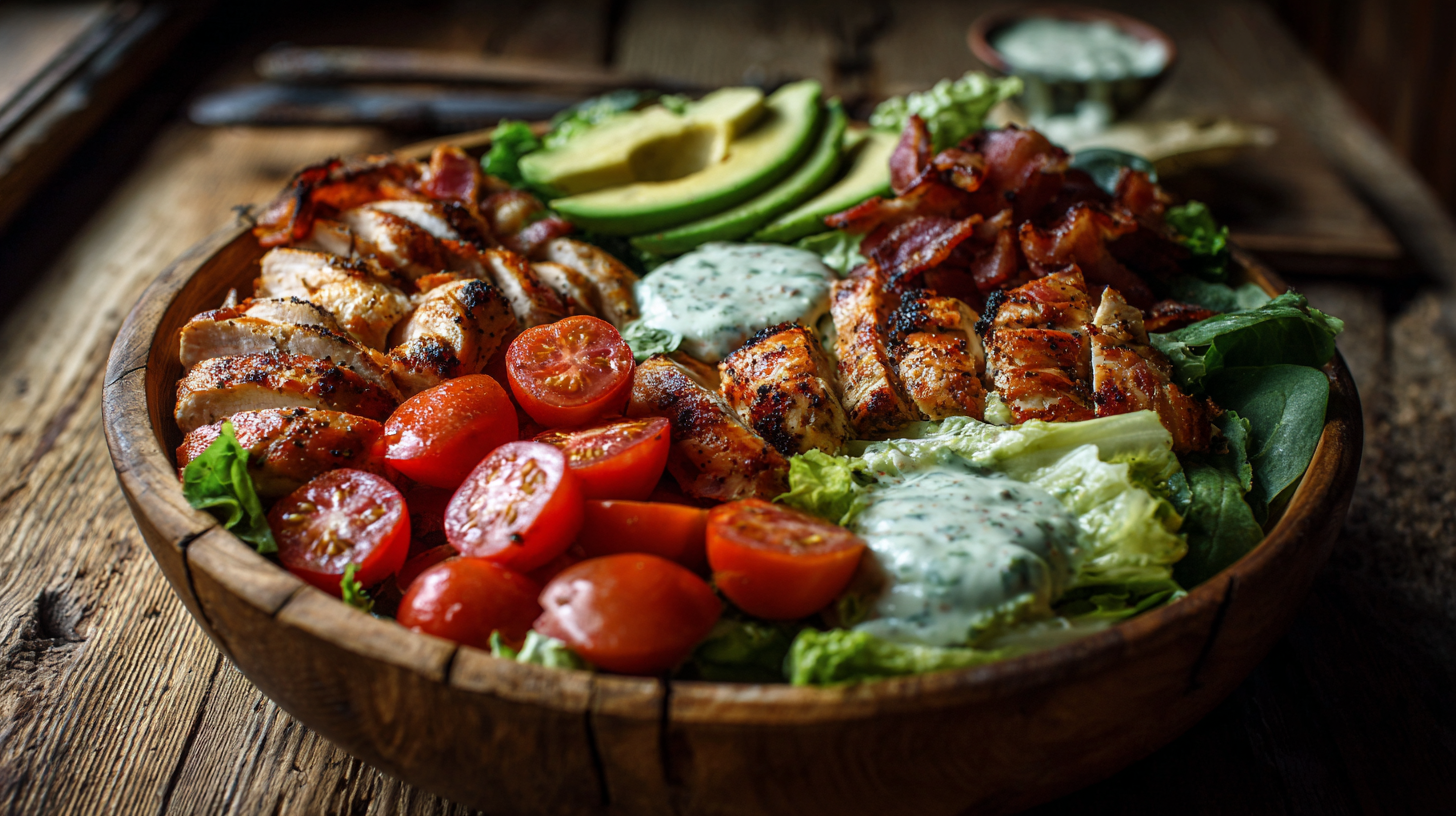 Salade chicken BLT, salade kéto au poulet grillé, avocat, tomates cerises et bacon croustillant