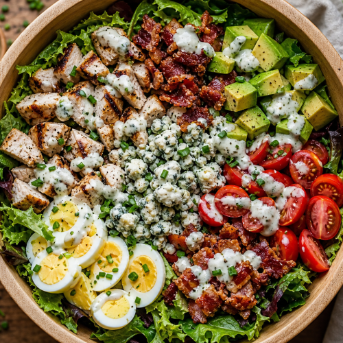 Bol en bois contenant une salade Cobb avec poulet, bacon, avocat, tomates, œufs et roquefort, nappée de vinaigrette ranch.