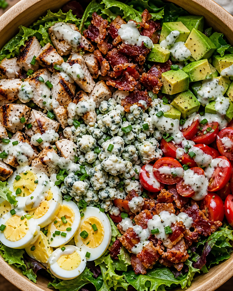 Bol en bois contenant une salade Cobb avec poulet, bacon, avocat, tomates, œufs et roquefort, nappée de vinaigrette ranch.