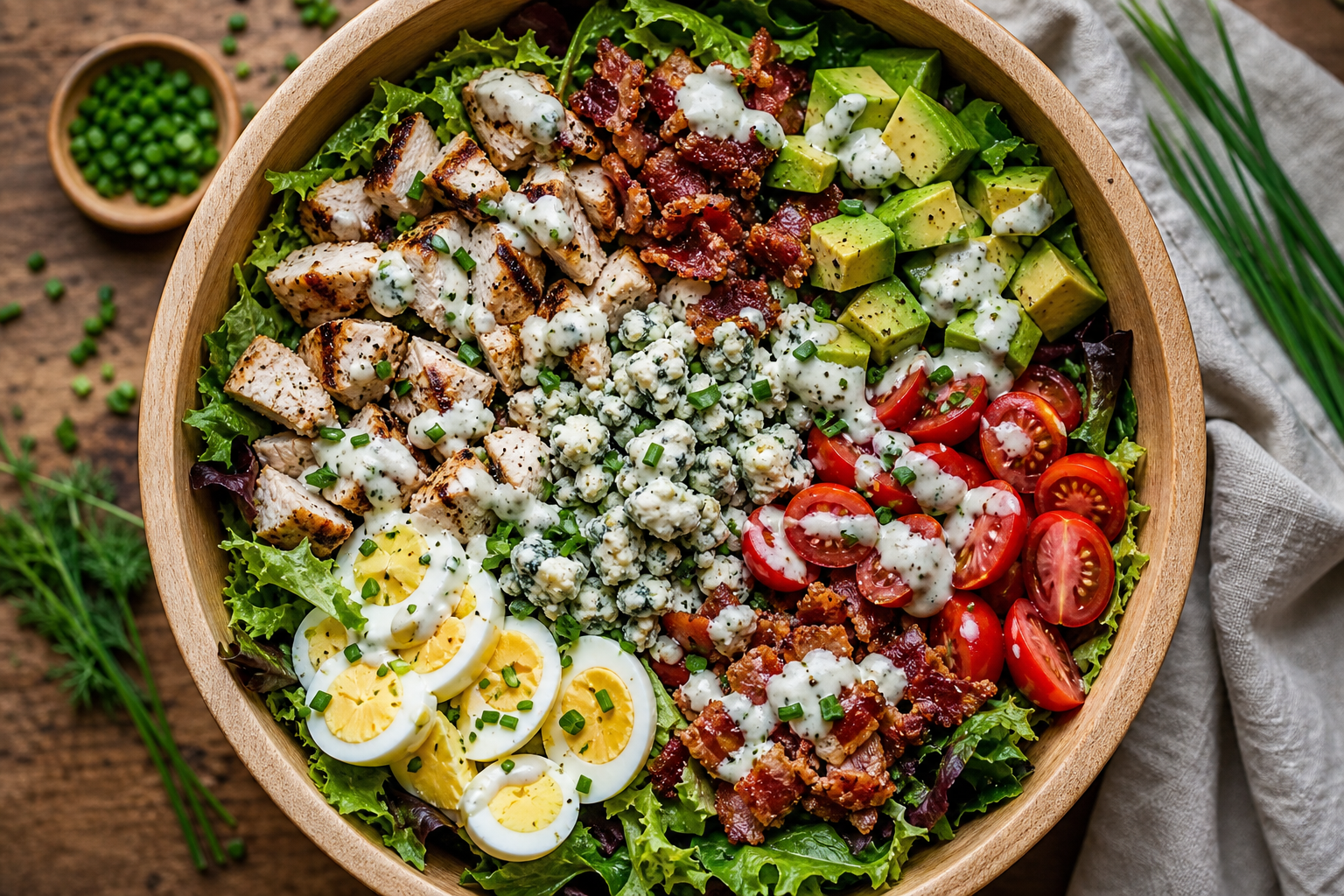 Bol en bois contenant une salade Cobb avec poulet, bacon, avocat, tomates, œufs et roquefort, nappée de vinaigrette ranch.