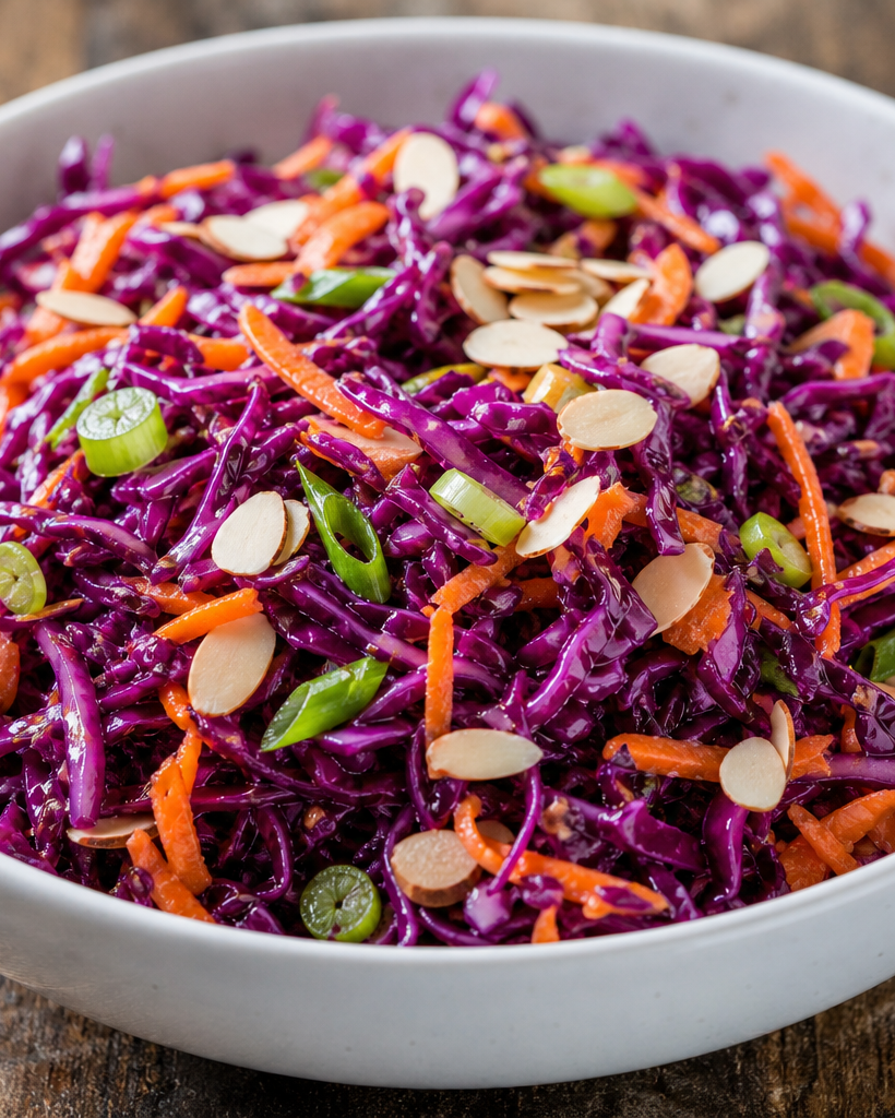 Salade de chou rouge céto avec carottes râpées, oignons verts et amandes dans un bol blanc