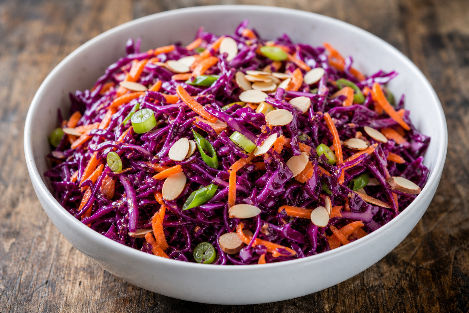 Salade de chou rouge céto avec carottes râpées, oignons verts et amandes dans un bol blanc