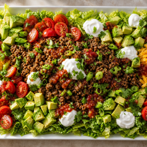 Assiette de salade taco keto avec bœuf épicé, avocat, tomates cerises, laitue et fromage râpé.