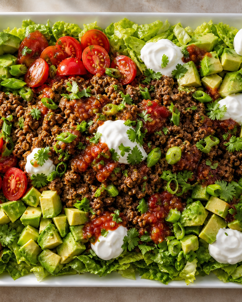 Assiette de salade taco keto avec bœuf épicé, avocat, tomates cerises, laitue et fromage râpé.