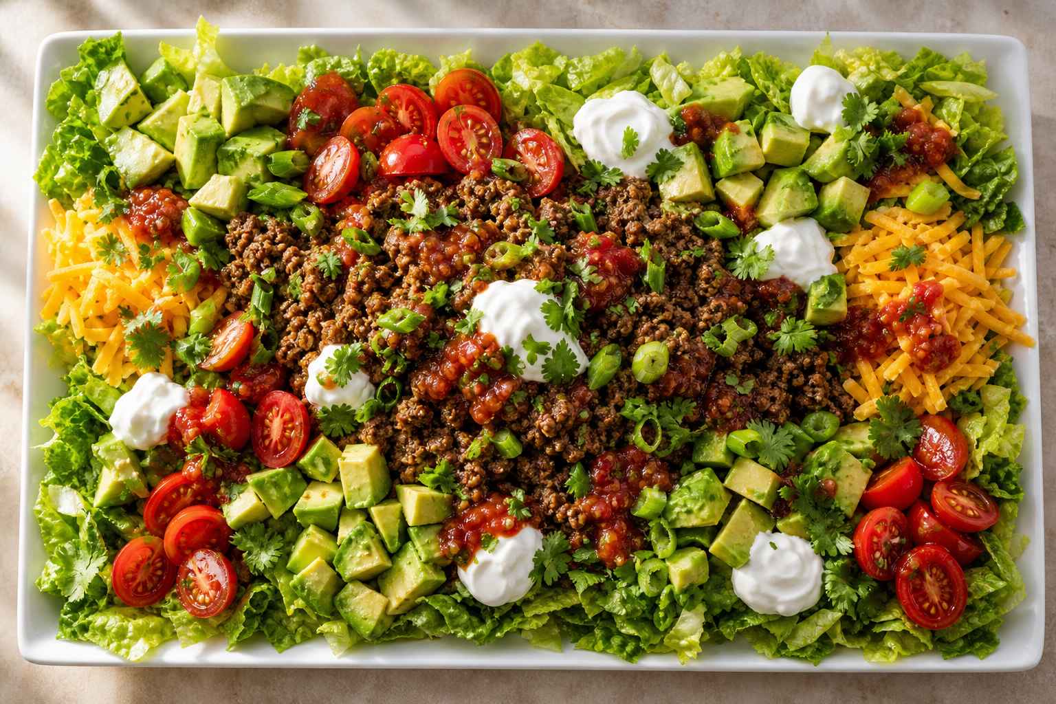 Assiette de salade taco keto avec bœuf épicé, avocat, tomates cerises, laitue et fromage râpé.