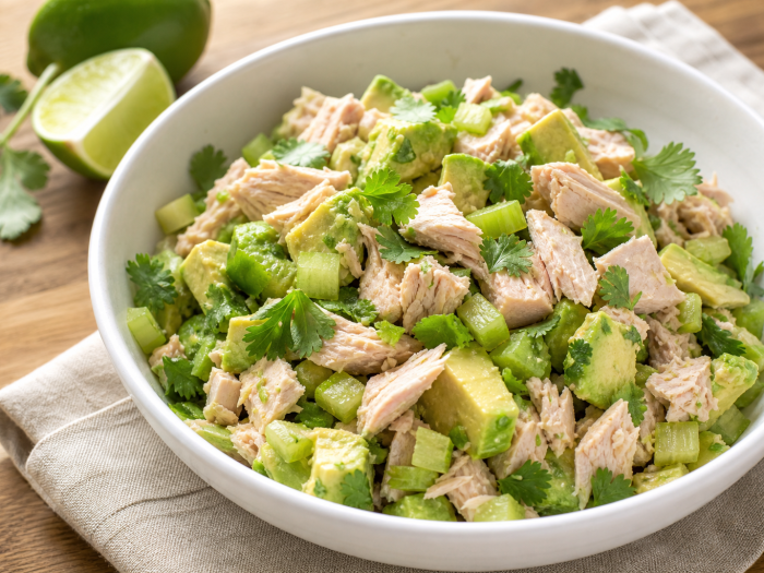 Bol de salade thon avocat keto avec coriandre et céleri, présenté sur une table en bois, éclairage naturel