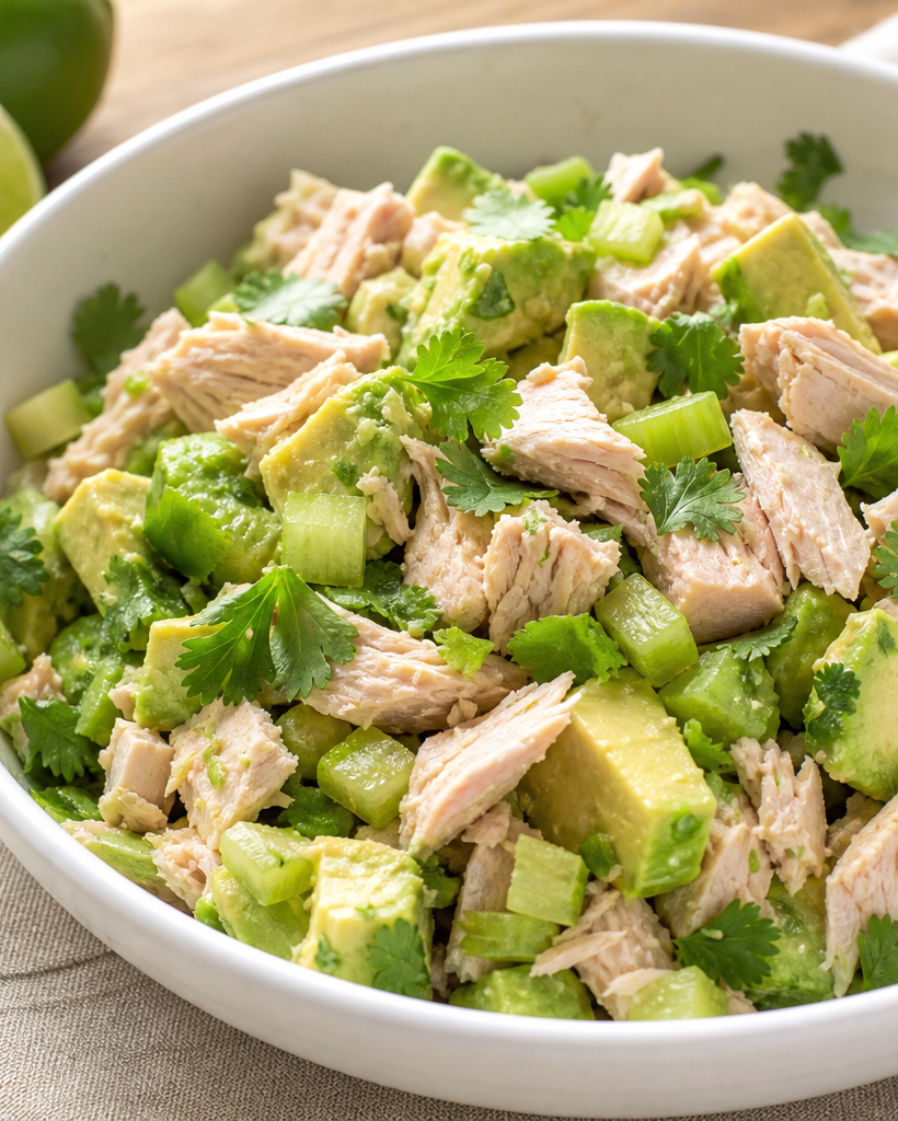 Bol de salade thon avocat keto avec coriandre et céleri, présenté sur une table en bois, éclairage naturel