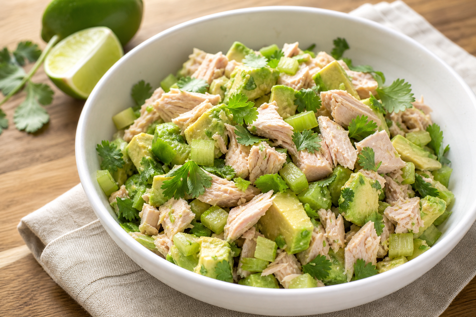 Bol de salade thon avocat keto avec coriandre et céleri, présenté sur une table en bois, éclairage naturel
