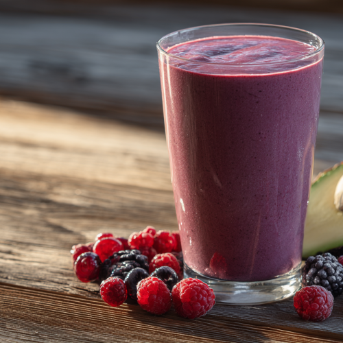 Verre de smoothie cétogène violet-vert avec fruits rouges frais et demi-avocat sur table en bois