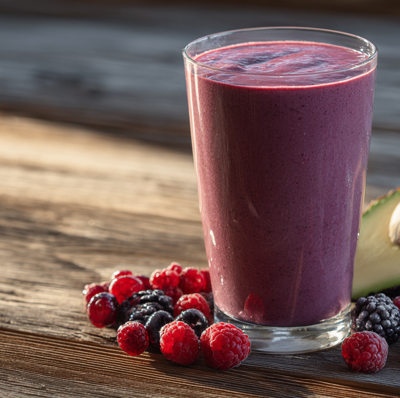 Verre de smoothie cétogène violet-vert avec fruits rouges frais et demi-avocat sur table en bois