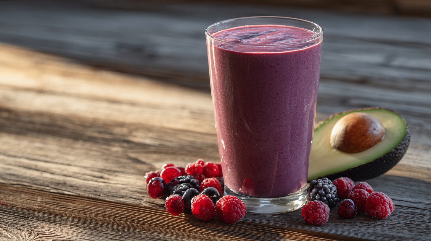 Verre de smoothie cétogène violet-vert avec fruits rouges frais et demi-avocat sur table en bois
