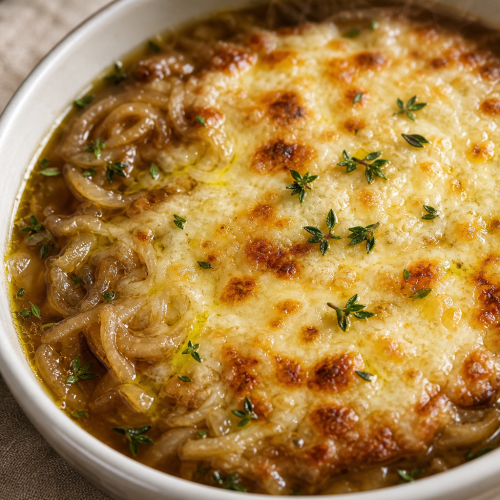 Bol de soupe à l'oignon cétogène avec fromage gratiné doré, bouillon brun et oignons caramélisés.