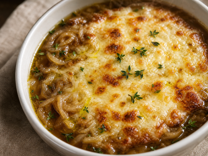 Bol de soupe à l'oignon cétogène avec fromage gratiné doré, bouillon brun et oignons caramélisés.