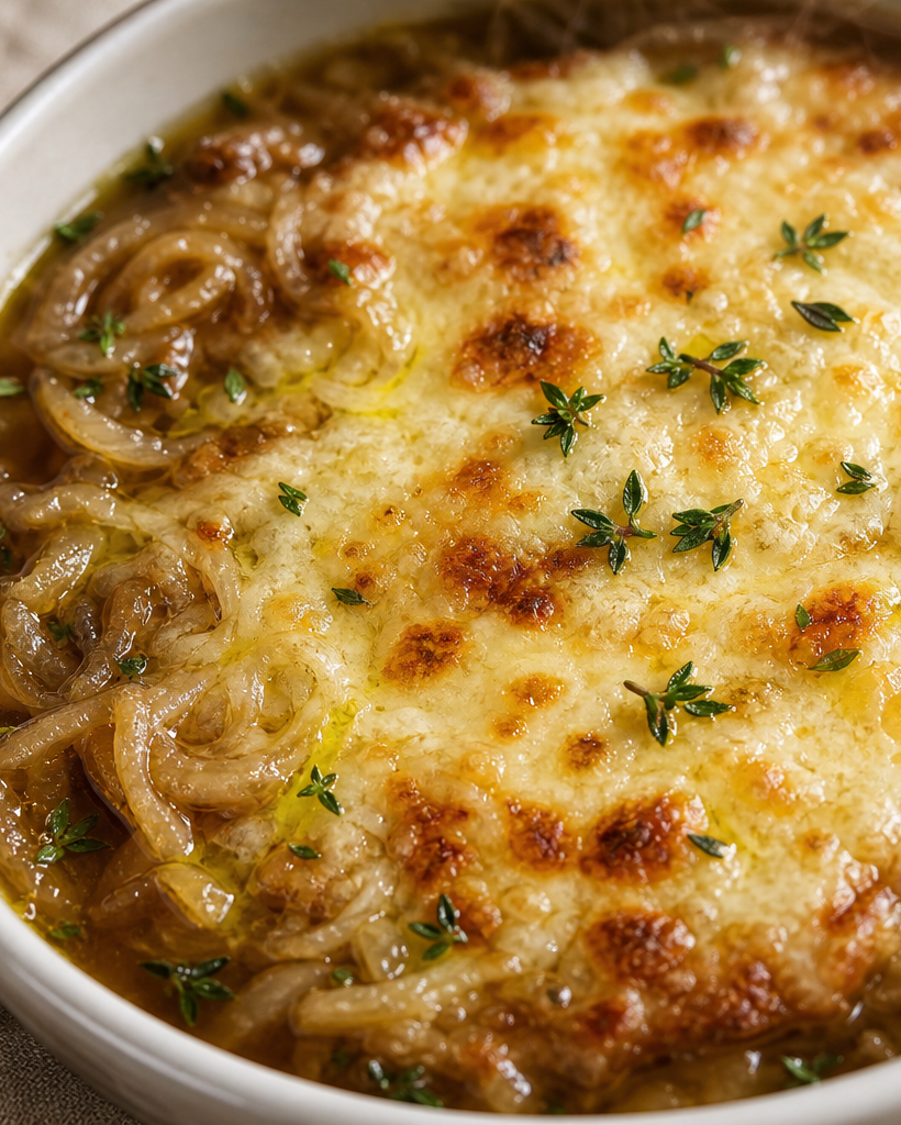 Bol de soupe à l'oignon cétogène avec fromage gratiné doré, bouillon brun et oignons caramélisés.