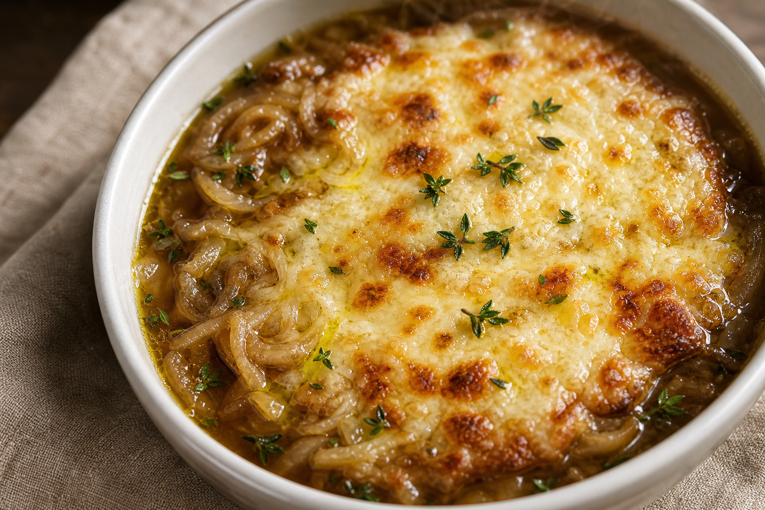 Bol de soupe à l'oignon cétogène avec fromage gratiné doré, bouillon brun et oignons caramélisés.