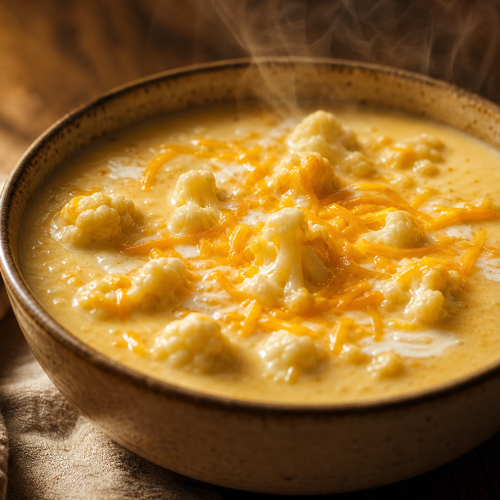 Bol de soupe au chou-fleur et au fromage, crémeuse et fumante, avec des morceaux de chou-fleur et du cheddar râpé sur le