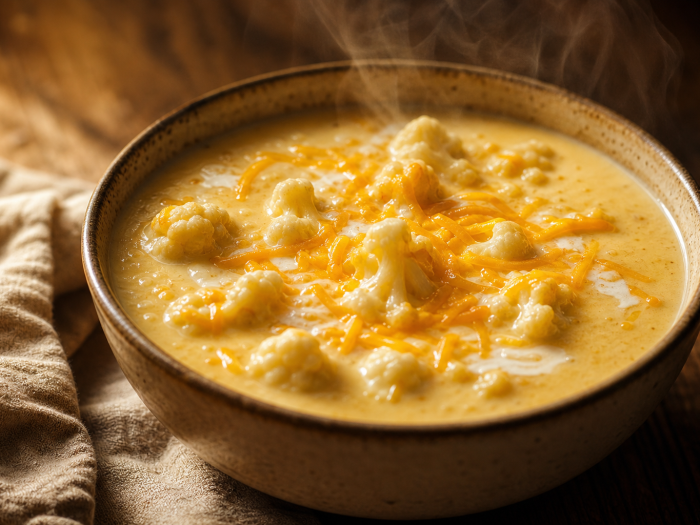 Bol de soupe au chou-fleur et au fromage, crémeuse et fumante, avec des morceaux de chou-fleur et du cheddar râpé sur le