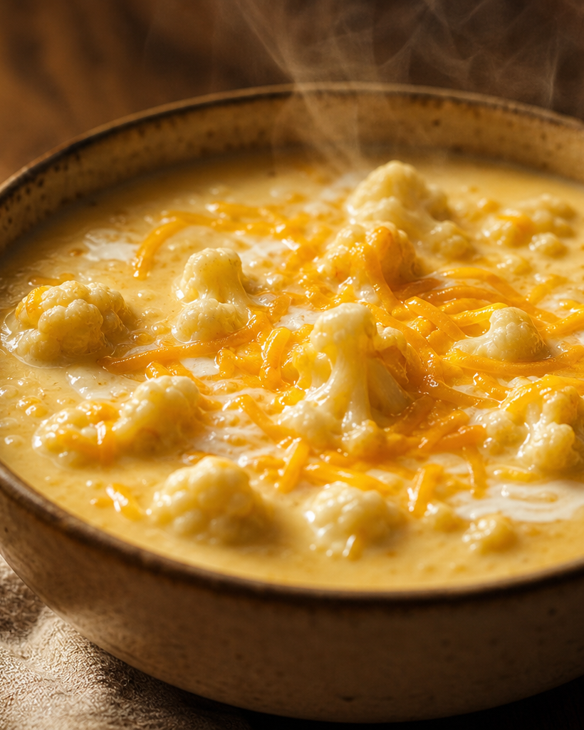 Bol de soupe au chou-fleur et au fromage, crémeuse et fumante, avec des morceaux de chou-fleur et du cheddar râpé sur le