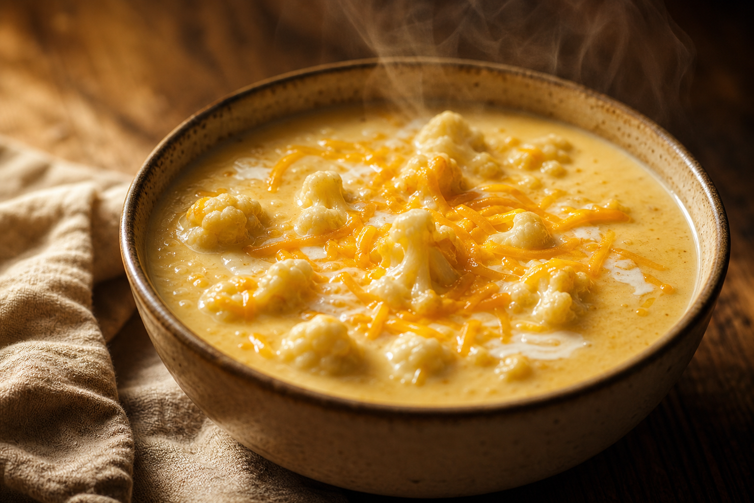 Bol de soupe au chou-fleur et au fromage, crémeuse et fumante, avec des morceaux de chou-fleur et du cheddar râpé sur le