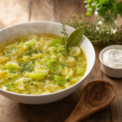 Soupe aux choux céto fumante dans un bol en céramique blanche, avec des morceaux de chou et de céleri visibles.
