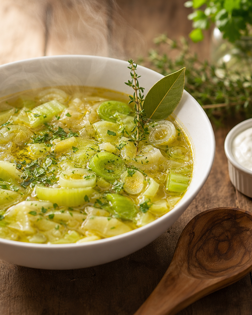 Soupe aux choux céto fumante dans un bol en céramique blanche, avec des morceaux de chou et de céleri visibles.