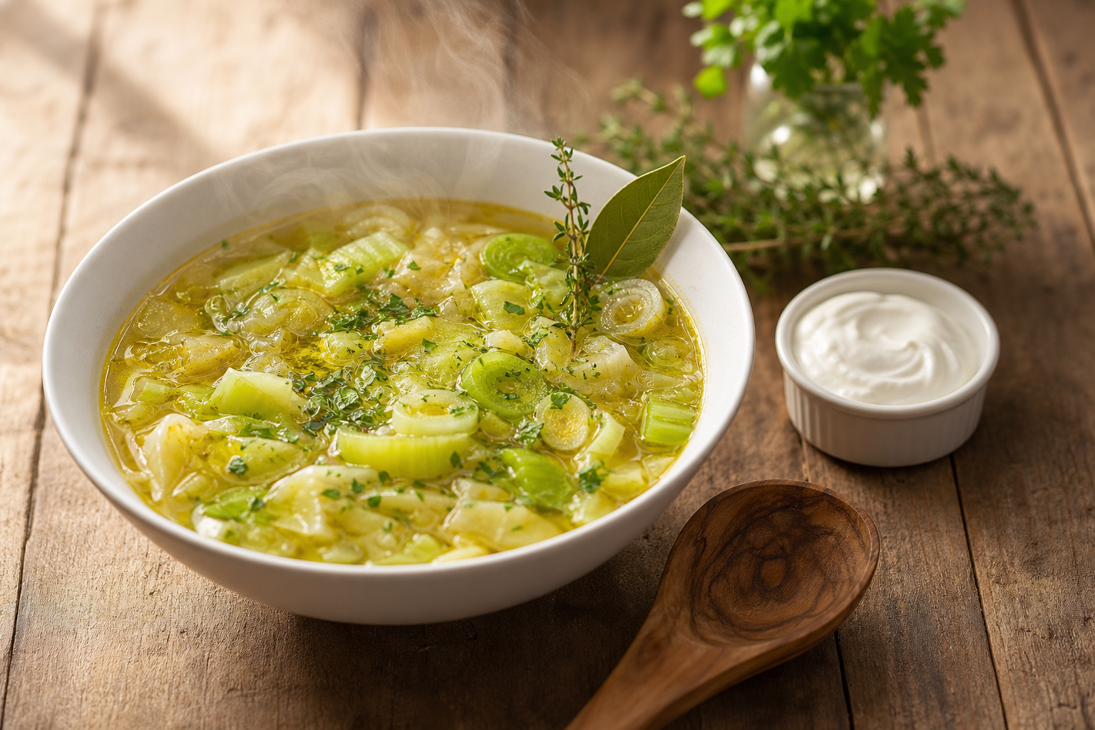Soupe aux choux céto fumante dans un bol en céramique blanche, avec des morceaux de chou et de céleri visibles.