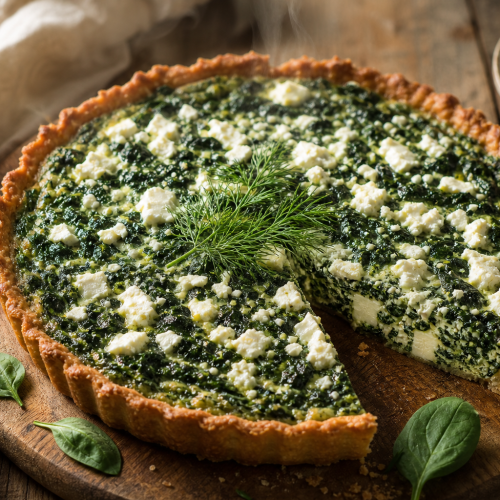 Tarte salée cétogène aux épinards, feta et mozzarella, posée sur une planche en bois, avec des morceaux de feta visibles.