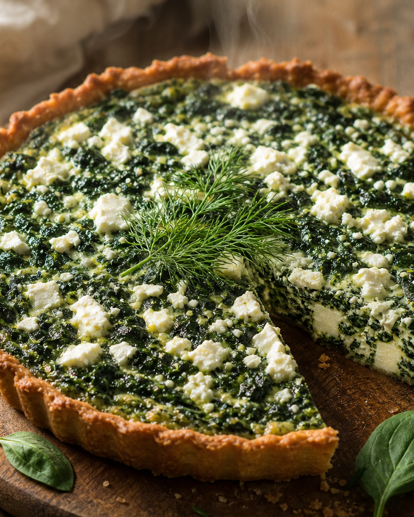 Tarte salée cétogène aux épinards, feta et mozzarella, posée sur une planche en bois, avec des morceaux de feta visibles.