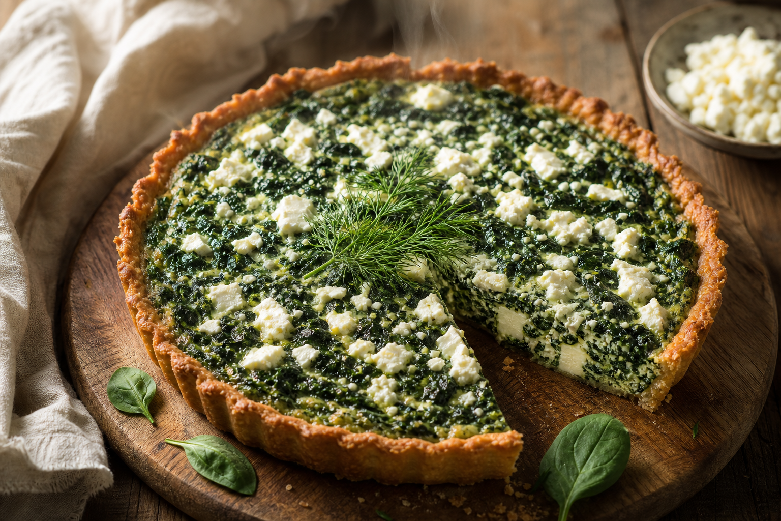 Tarte salée cétogène aux épinards, feta et mozzarella, posée sur une planche en bois, avec des morceaux de feta visibles.