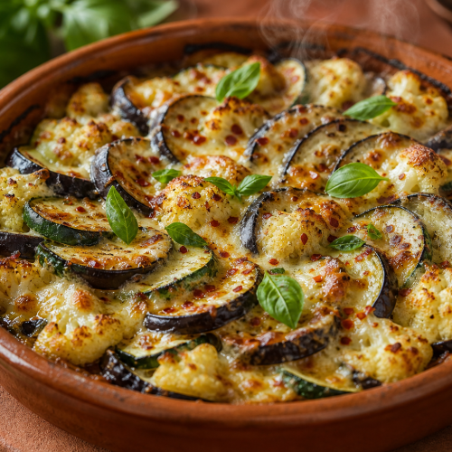 Tian de légumes keto avec courgettes, aubergines et chou-fleur gratiné au fromage, dans un plat en terre cuite