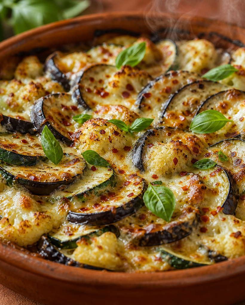 Tian de légumes keto avec courgettes, aubergines et chou-fleur gratiné au fromage, dans un plat en terre cuite