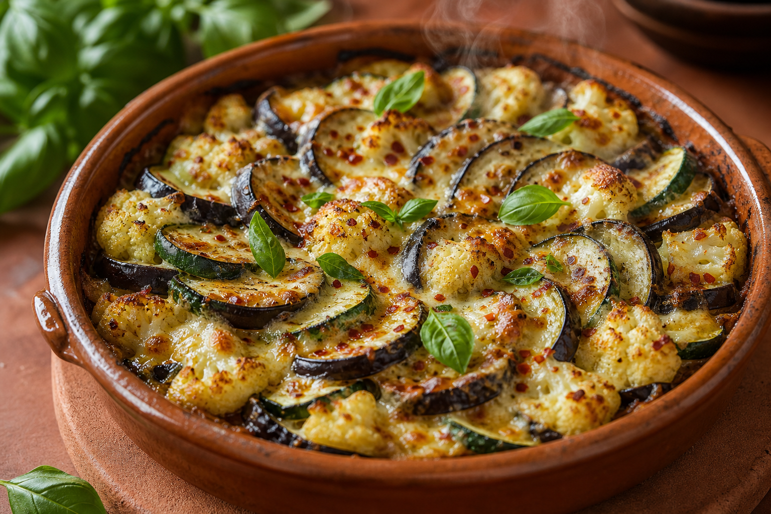 Tian de légumes keto avec courgettes, aubergines et chou-fleur gratiné au fromage, dans un plat en terre cuite