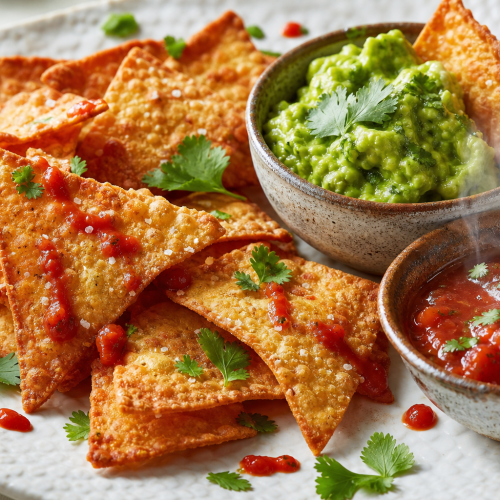 Assiette de tortilla chips cétogènes maison dorées, accompagnées de bols de guacamole vert et de salsa rouge.