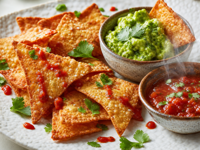 Assiette de tortilla chips cétogènes maison dorées, accompagnées de bols de guacamole vert et de salsa rouge.