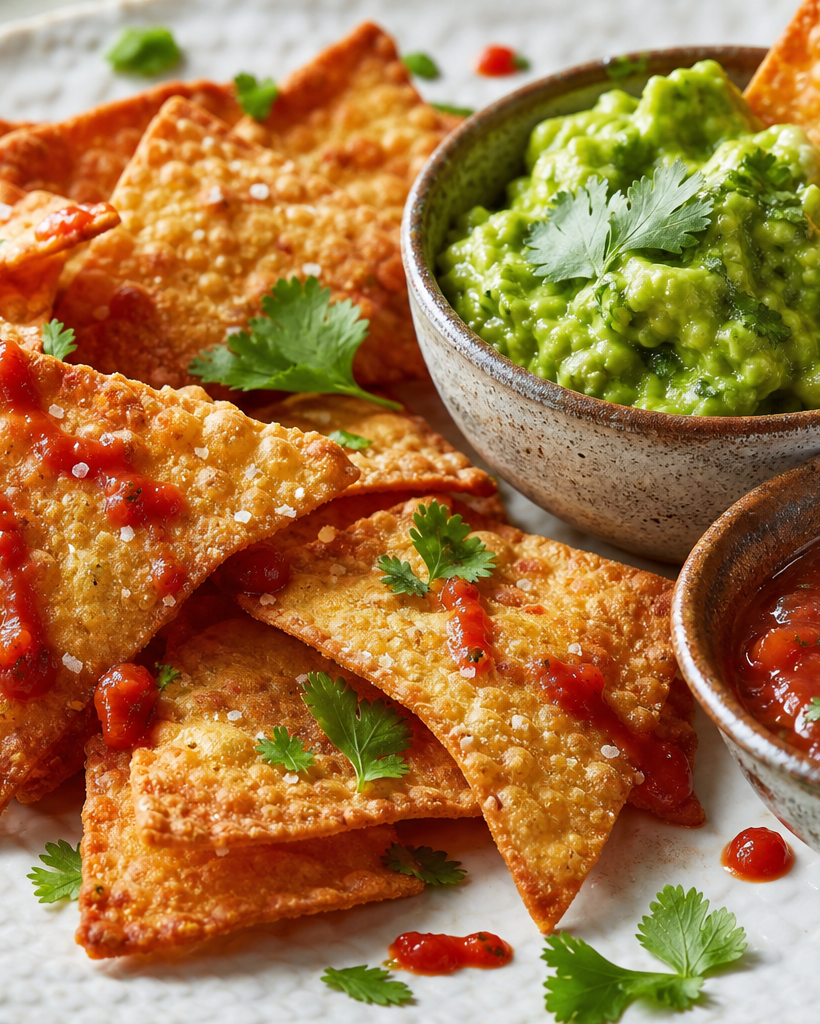 Assiette de tortilla chips cétogènes maison dorées, accompagnées de bols de guacamole vert et de salsa rouge.