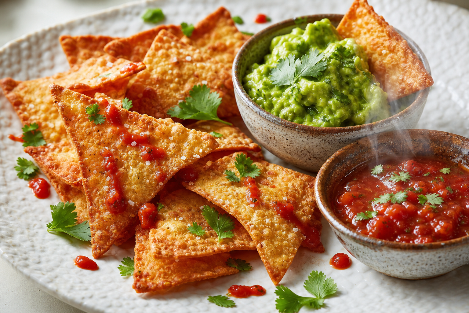 Assiette de tortilla chips cétogènes maison dorées, accompagnées de bols de guacamole vert et de salsa rouge.